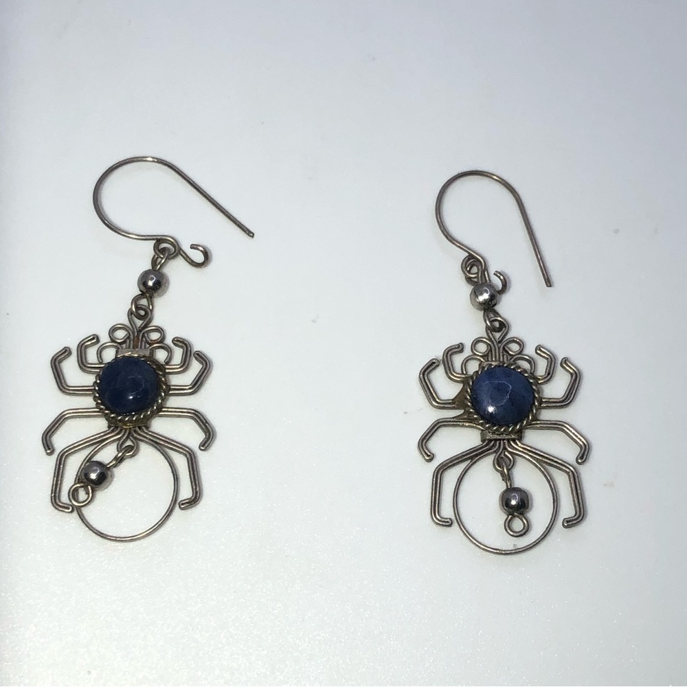 Vtg Sodalite Spider Wire Wrapped Silver Tone Earrings 1.7”